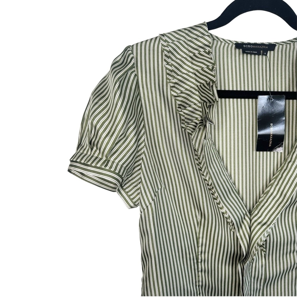 BCBGMAXAZRIA 100% Silk Striped Blouse Patina Green‎ Ruffle V-Neck Small NWT Flaw - Picture 2 of 16